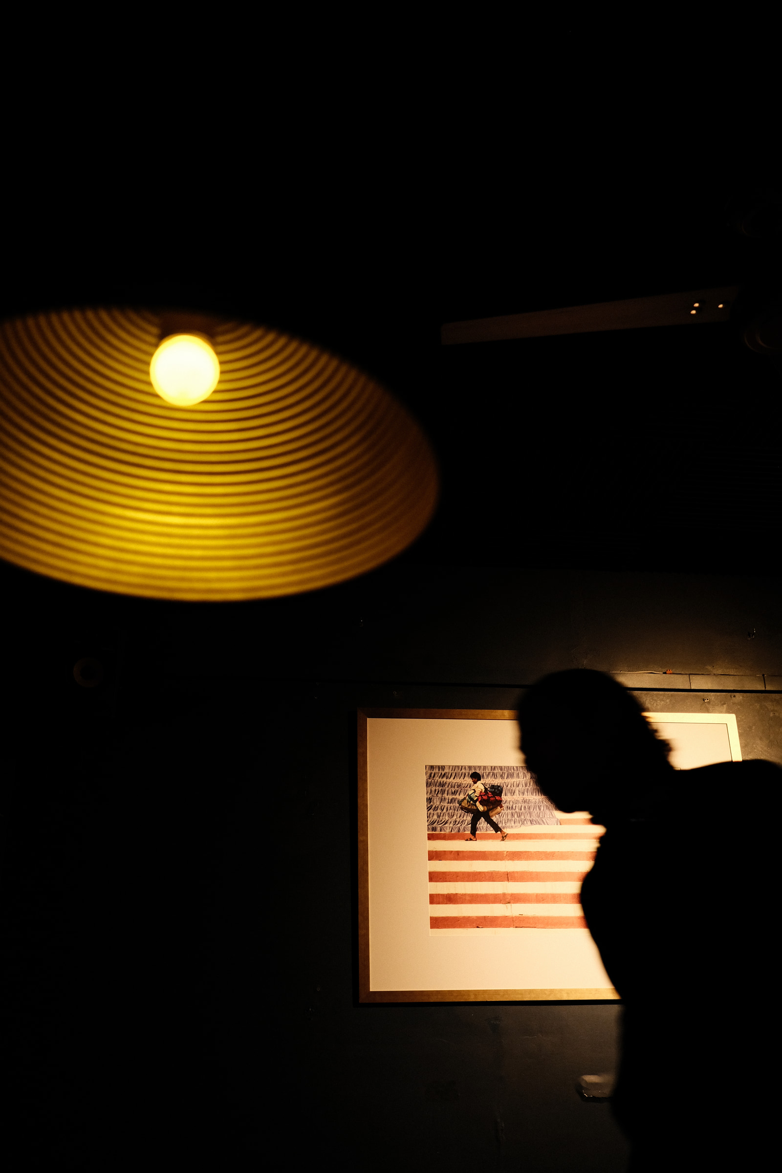 A silhouette of a person stands in front of a framed photograph, illuminated by a warm hanging lamp against a dark background.
